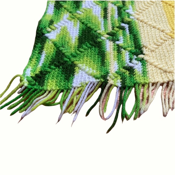 Vintage Handmade Crocheted Yellow, Green & White Striped Blanket With Fringe - Picture 2 of 9